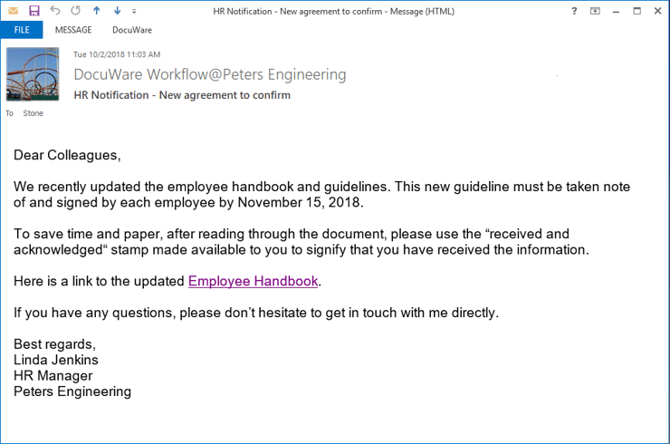 As soon as new information is placed in a personnel file, the employee automatically receives a message prompting them to acknowledge receipt